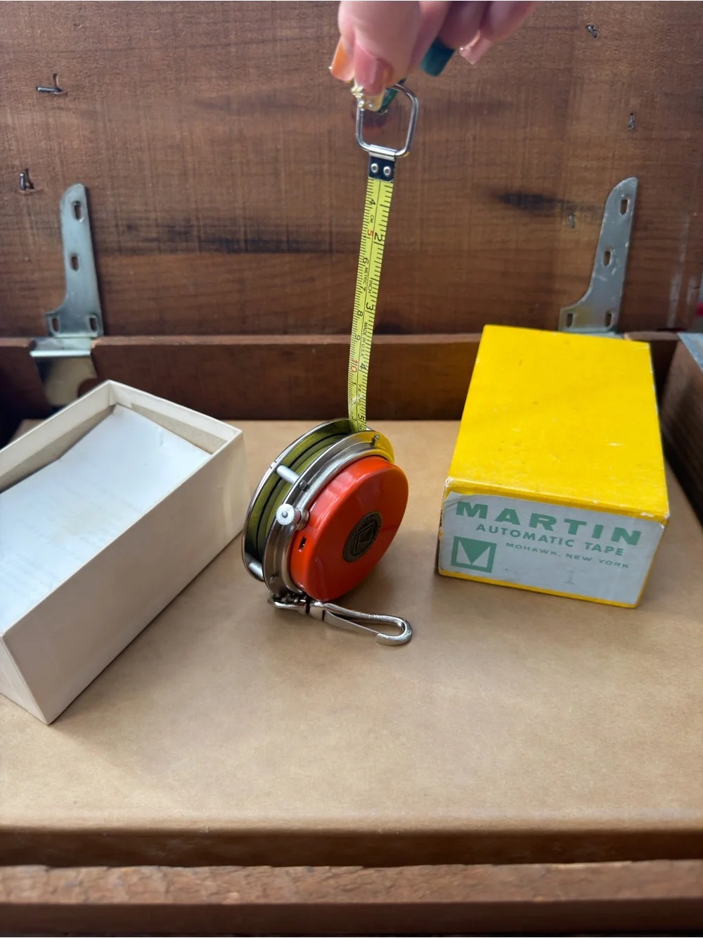 Vintage Martin Reel Co Tape-Matic Measuring Tape orange in orig box